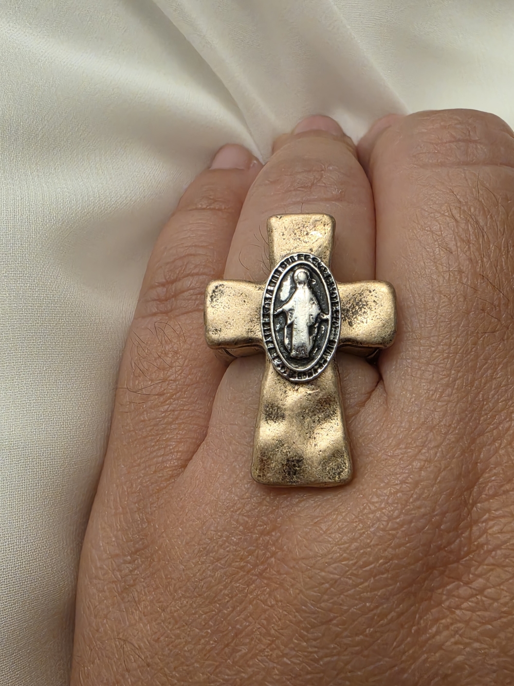 Two-Tone Gold Cross Ring Silver Miraculous Medal Virgin Mary Hammered-look